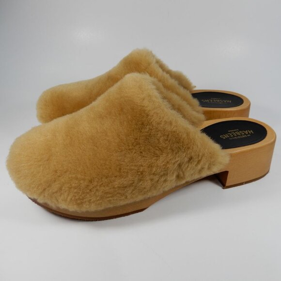 Swedish Hasbeens Fluff Slip On CLOGS Size 41 10.5 11 Shearling Wood NEW $340 - Picture 4 of 14